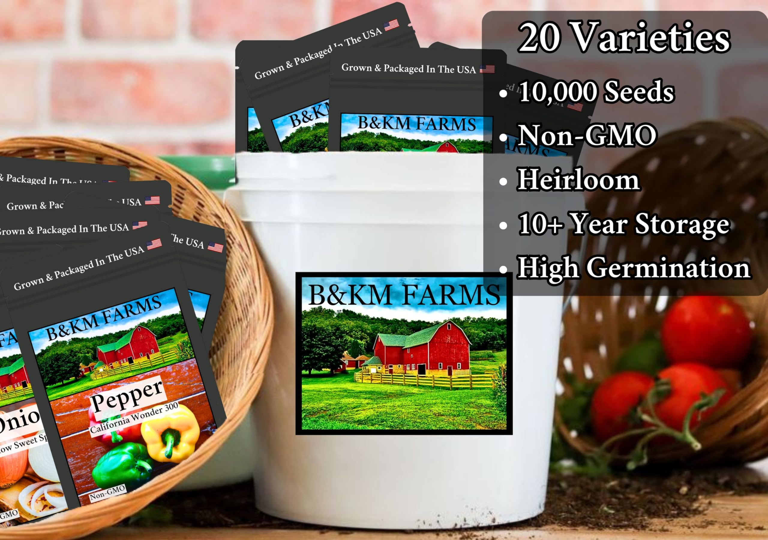 B&KM Farms varieties display showing 20 easy-to-grow seeds for beginners.