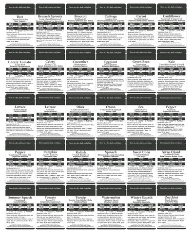 B&KM Farms 30 varieties seed packets showing diverse harvest options