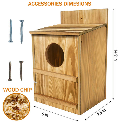 BKISVWCSop wooden-owl-box features durable cedar construction for year-round use.