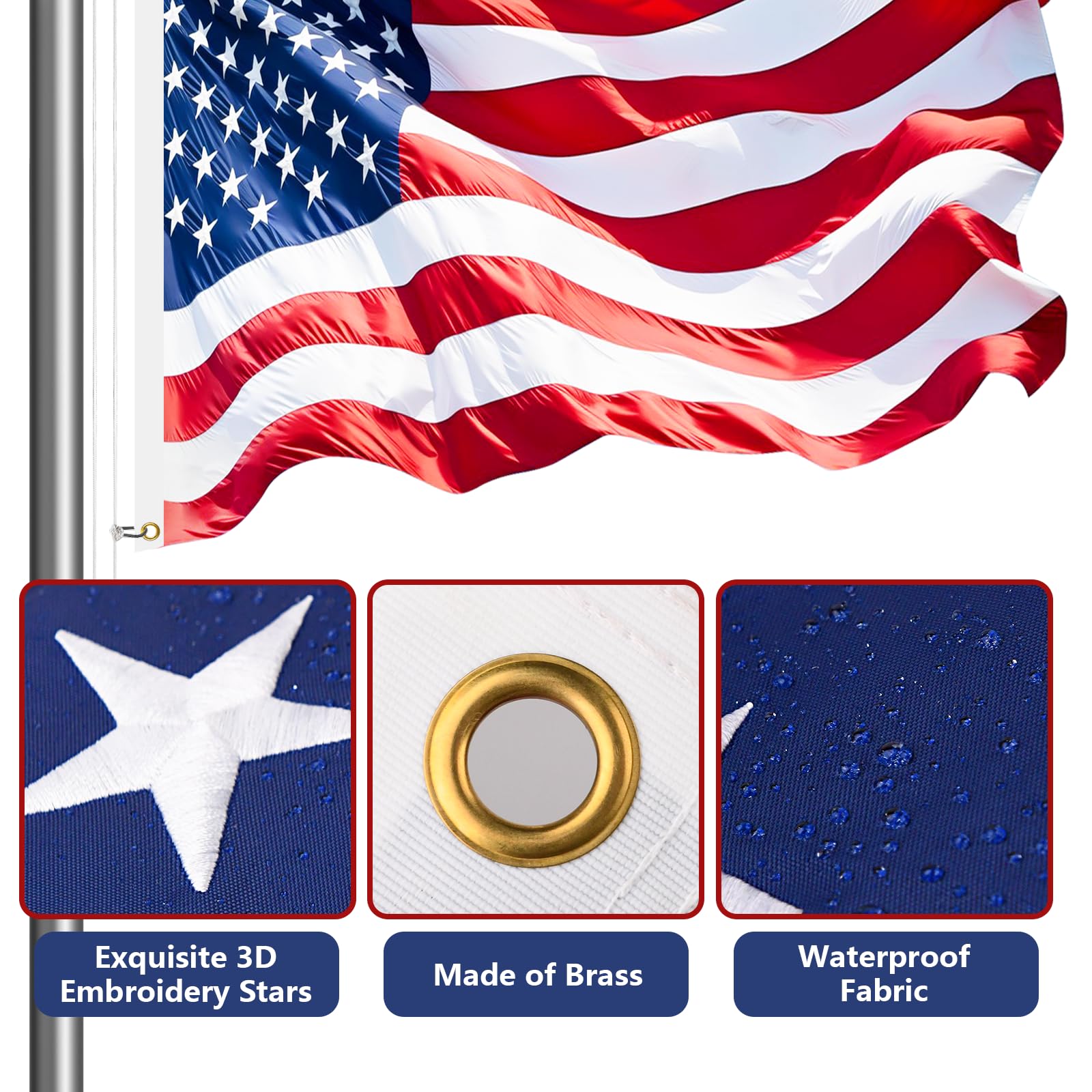 Bknius flagpole 136 bright LEDs offer continuous night illumination.