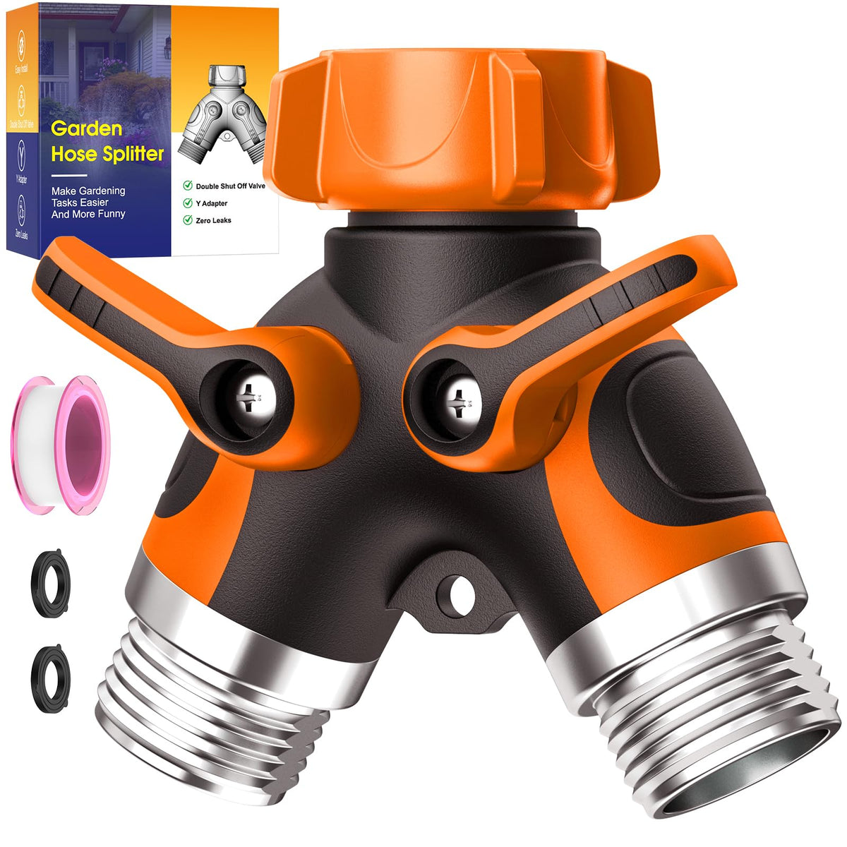 BKV 2 Way Hose Splitter orange with dual outlets for multitasking watering tasks.