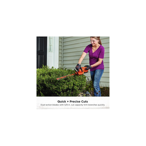 BLACK+DECKER 20V MAX hedge trimmer showing built-in T-handle and trigger for control