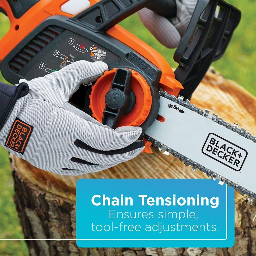 BLACK+DECKER chainsaw front hand guard protecting from debris