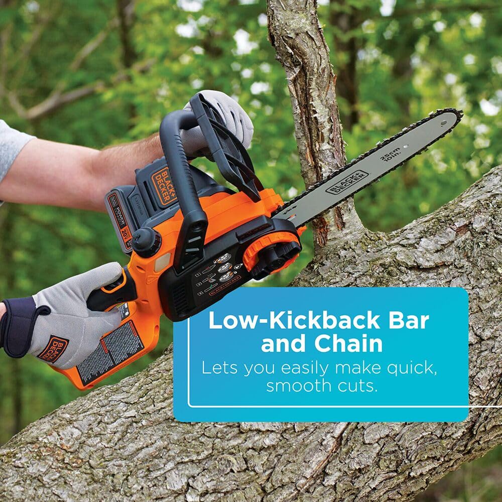 BLACK+DECKER chainsaw with tool-less chain tensioning for quick adjustments