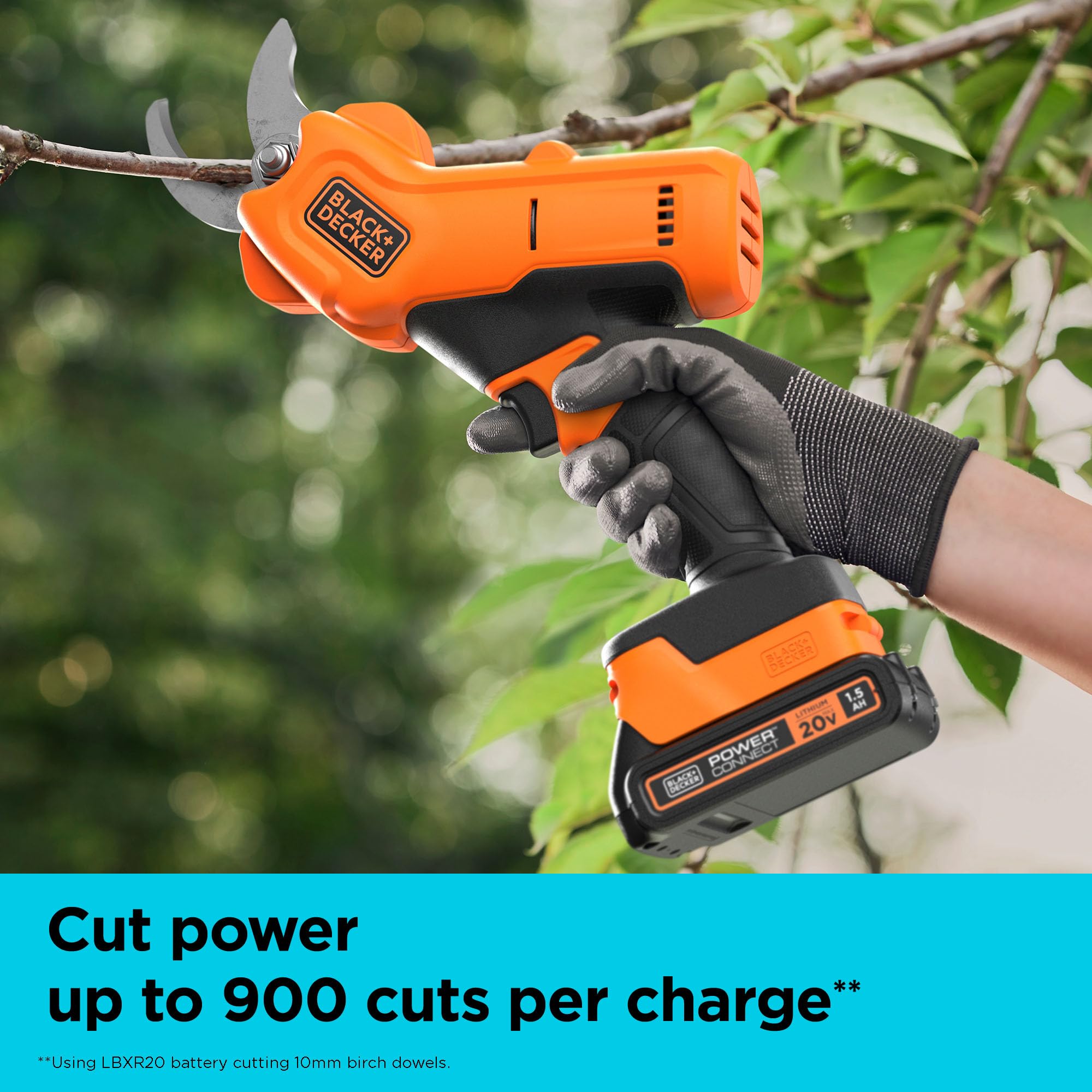 BLACK+DECKER pruner in action delivering quick one-second cuts for efficient pruning.