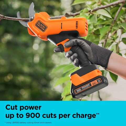 BLACK+DECKER pruner in action delivering quick one-second cuts for efficient pruning.