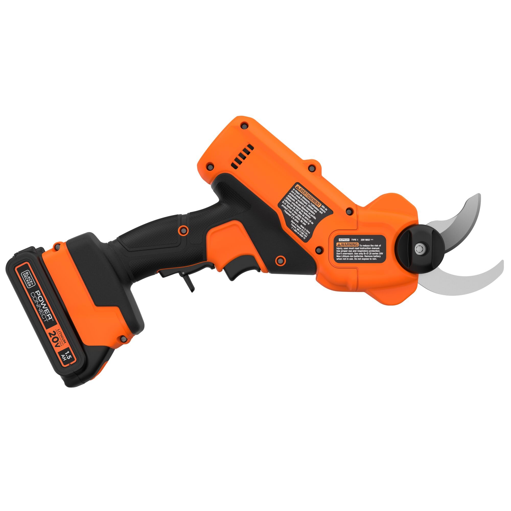 BLACK+DECKER 20V Max pruner with ergonomic grip reducing fatigue during use.