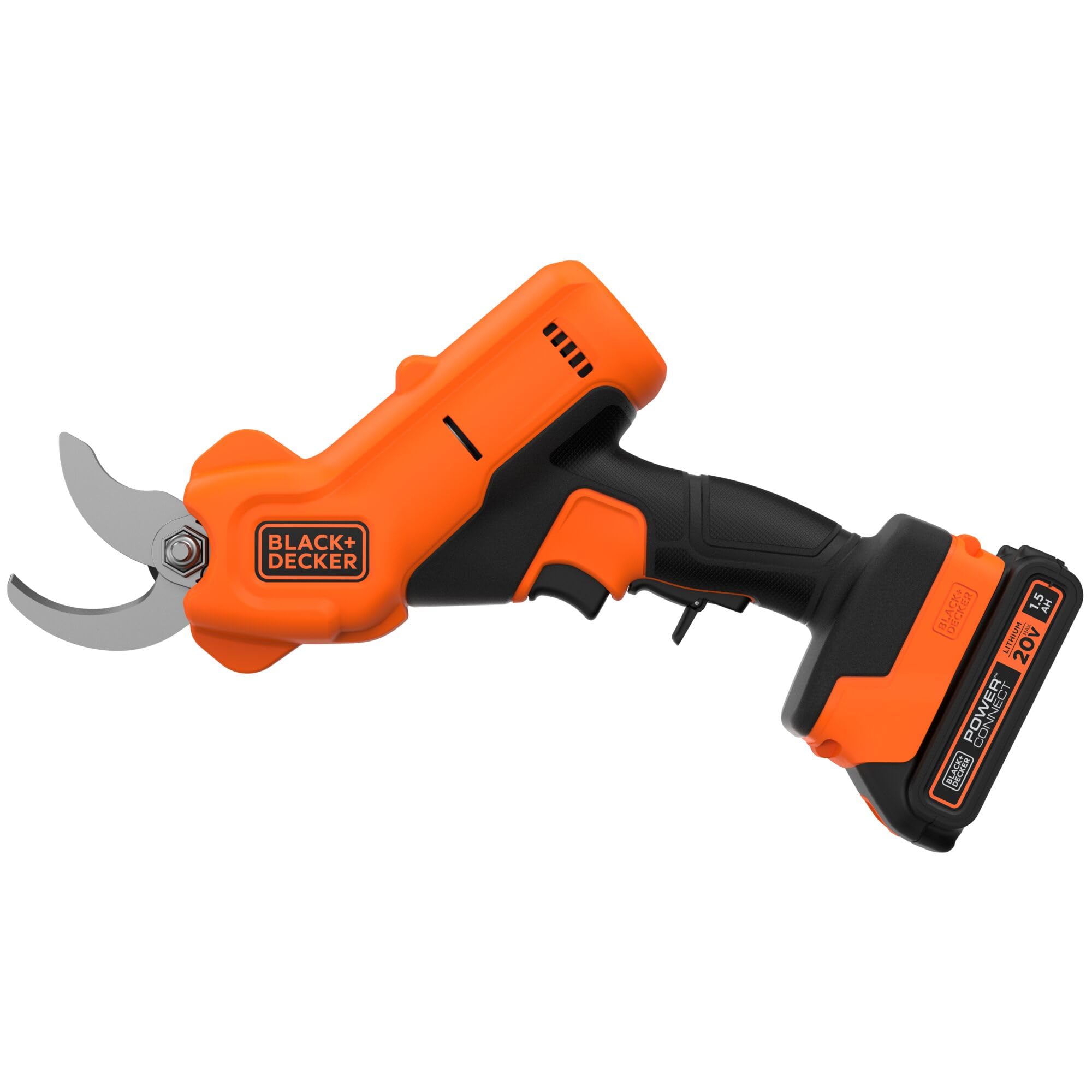 BLACK+DECKER 20V Max pruner in garden demonstrating pruning around plants and shrubs.