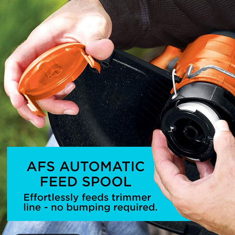 Black+Decker AF1003ZP auto-feed system diagram illustrating easy string deployment