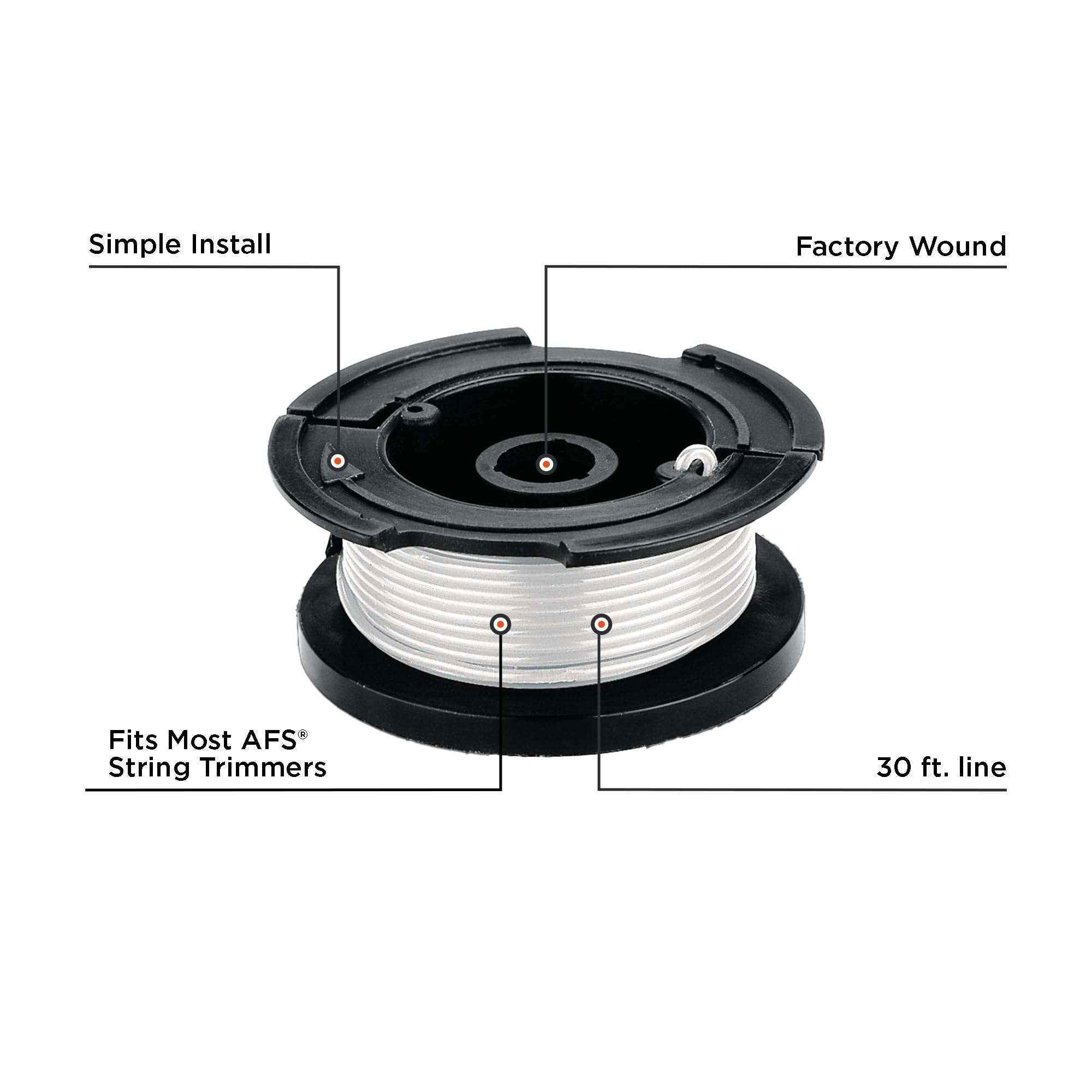 Close-up of Black+Decker AFS spool showing 0.065 in line for durable cuts.