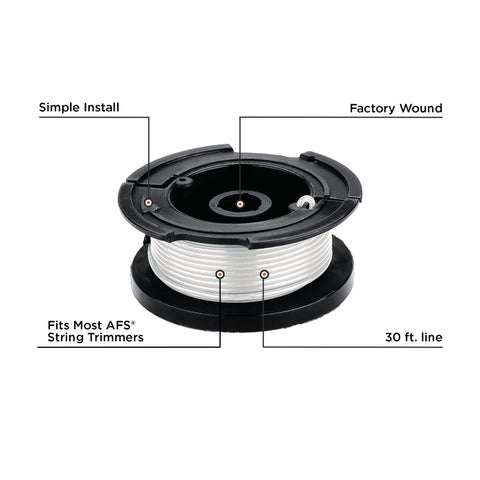 Close-up of Black+Decker AFS spool showing 0.065 in line for durable cuts.