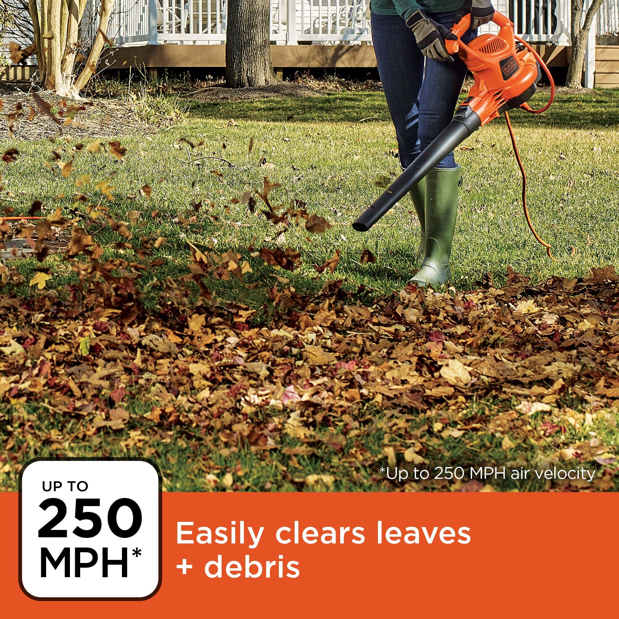 BLACK+DECKER BEBL7000 3-in-1 design in action between blower, vacuum, and mulch.