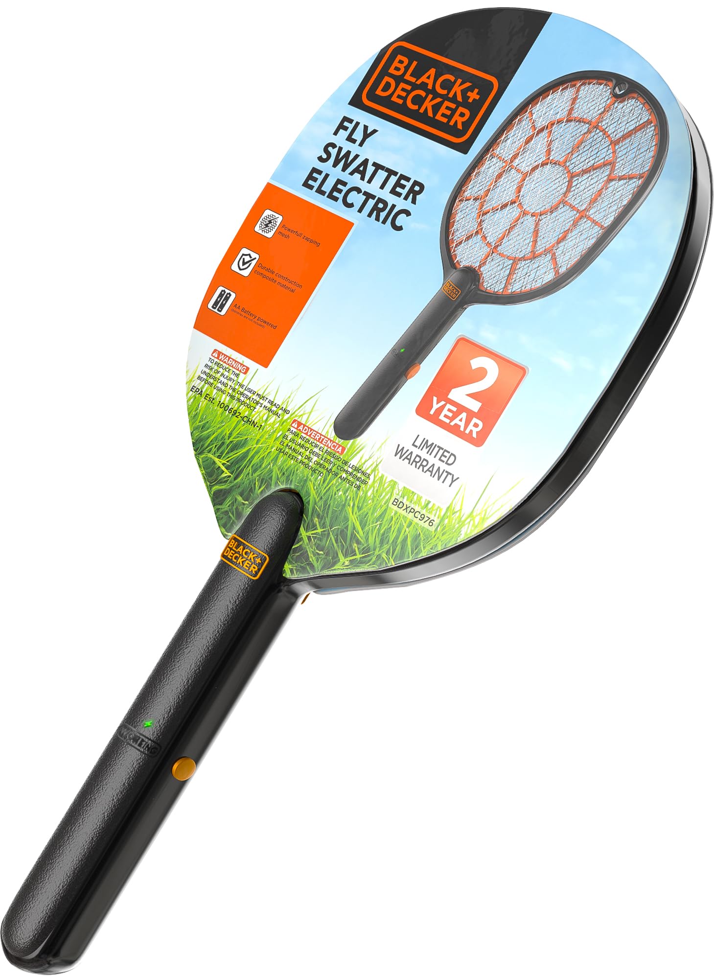 BLACK+DECKER Bug Zapper Racket front view with oversized surface for fast targeting.
