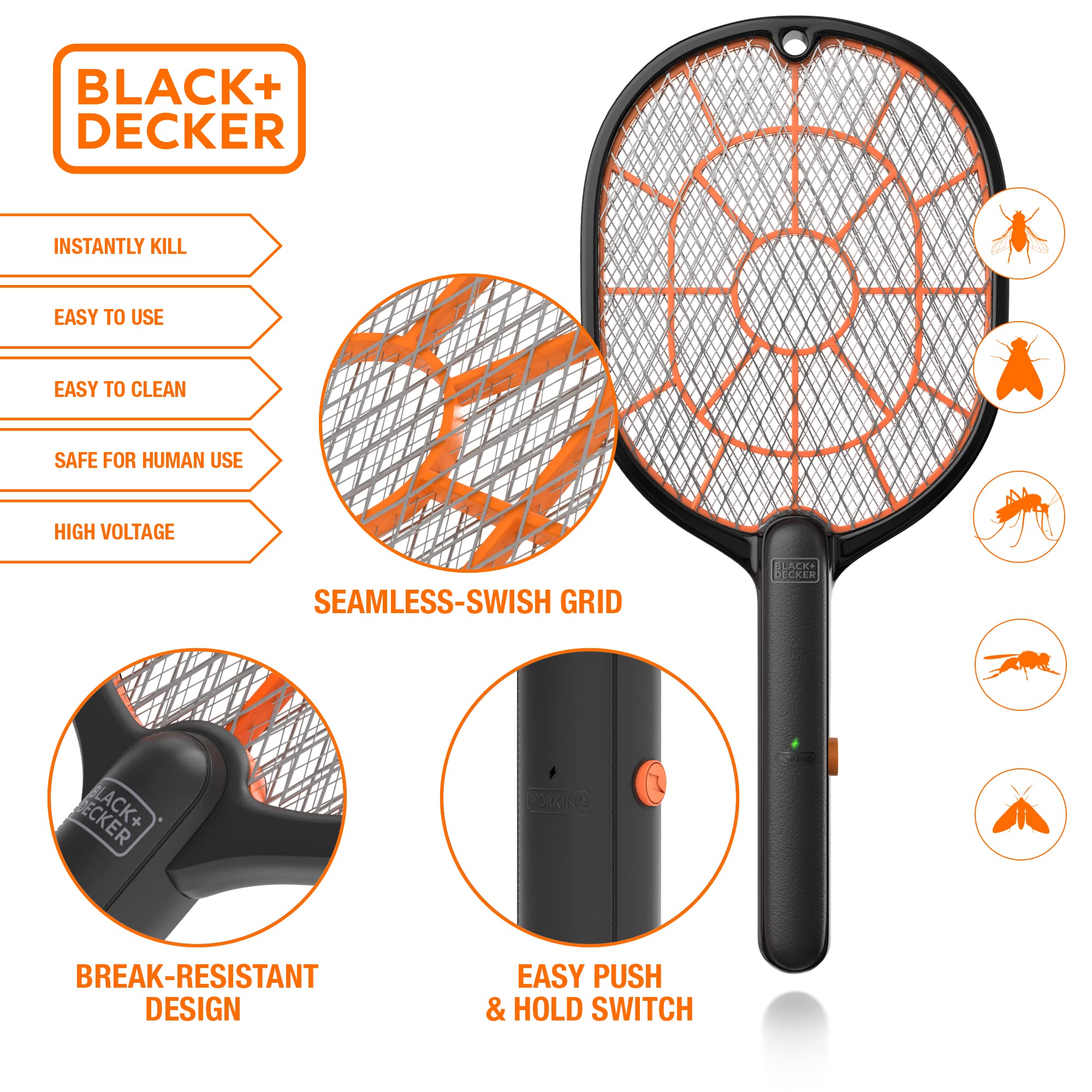 BLACK+DECKER Bug Zapper Racket used outdoors beside a patio for mosquitoes.
