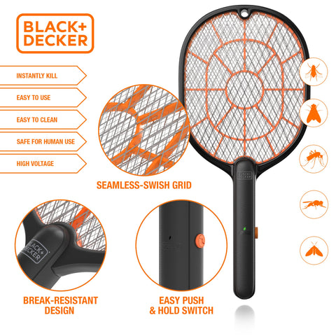 BLACK+DECKER Bug Zapper Racket used outdoors beside a patio for mosquitoes.