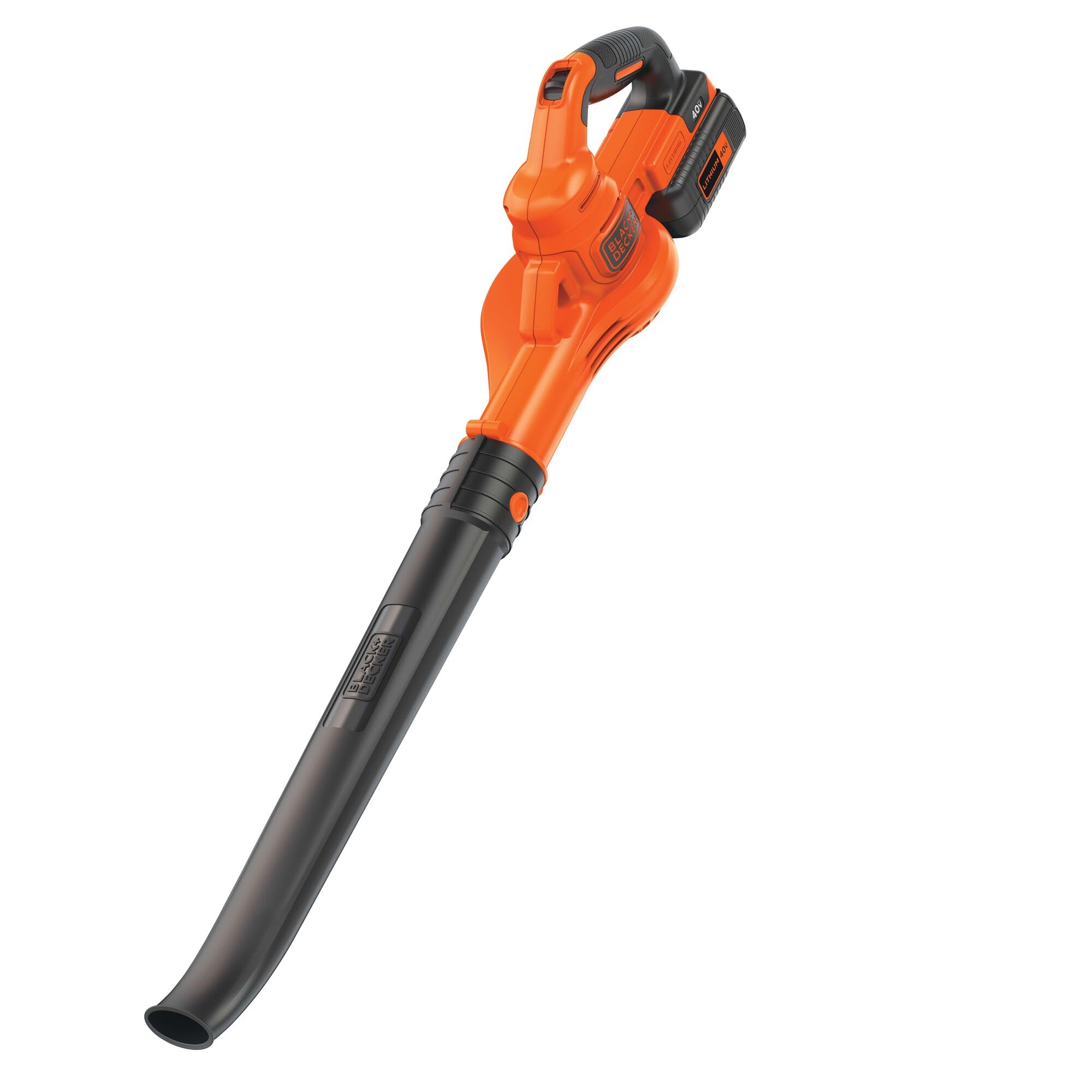 BLACK+DECKER cordless leaf blower in action delivering 125 mph air power for fast debris removal.