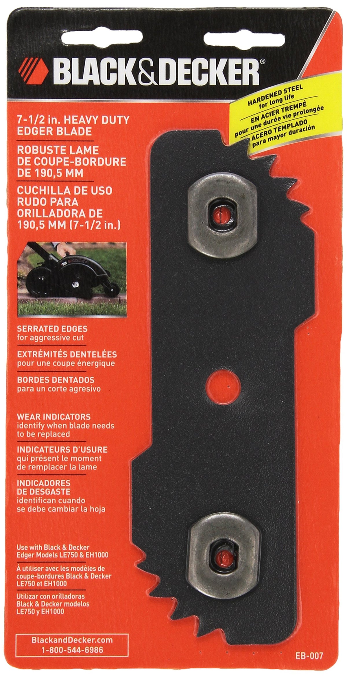 BLACK+DECKER Edger Hog blade closeup, serrated edge for clean edging.