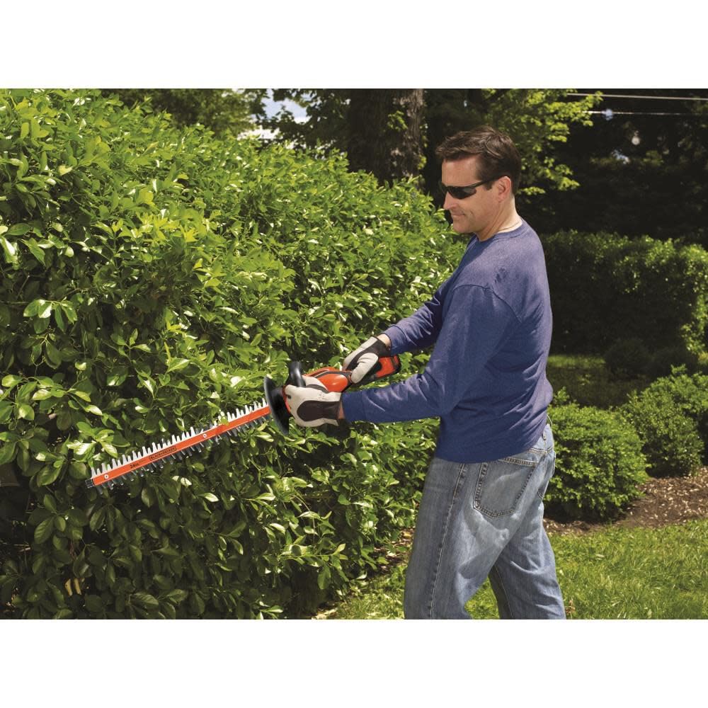BLACK+DECKER hedge trimmer with 24-inch dual-action blade reduces vibration.
