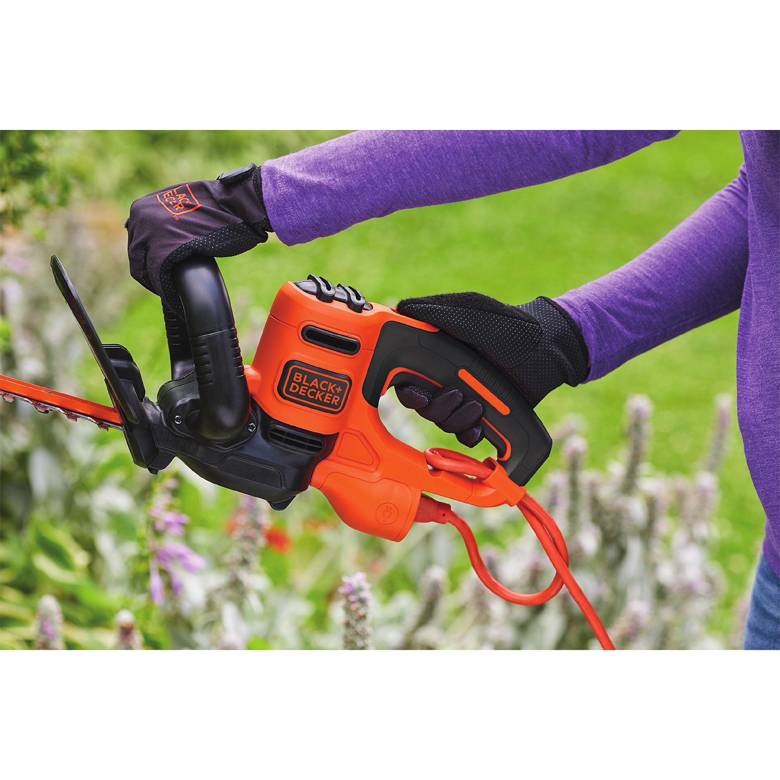 BLACK+DECKER hedge trimmer capable of cutting branches up to 3/4 inch.
