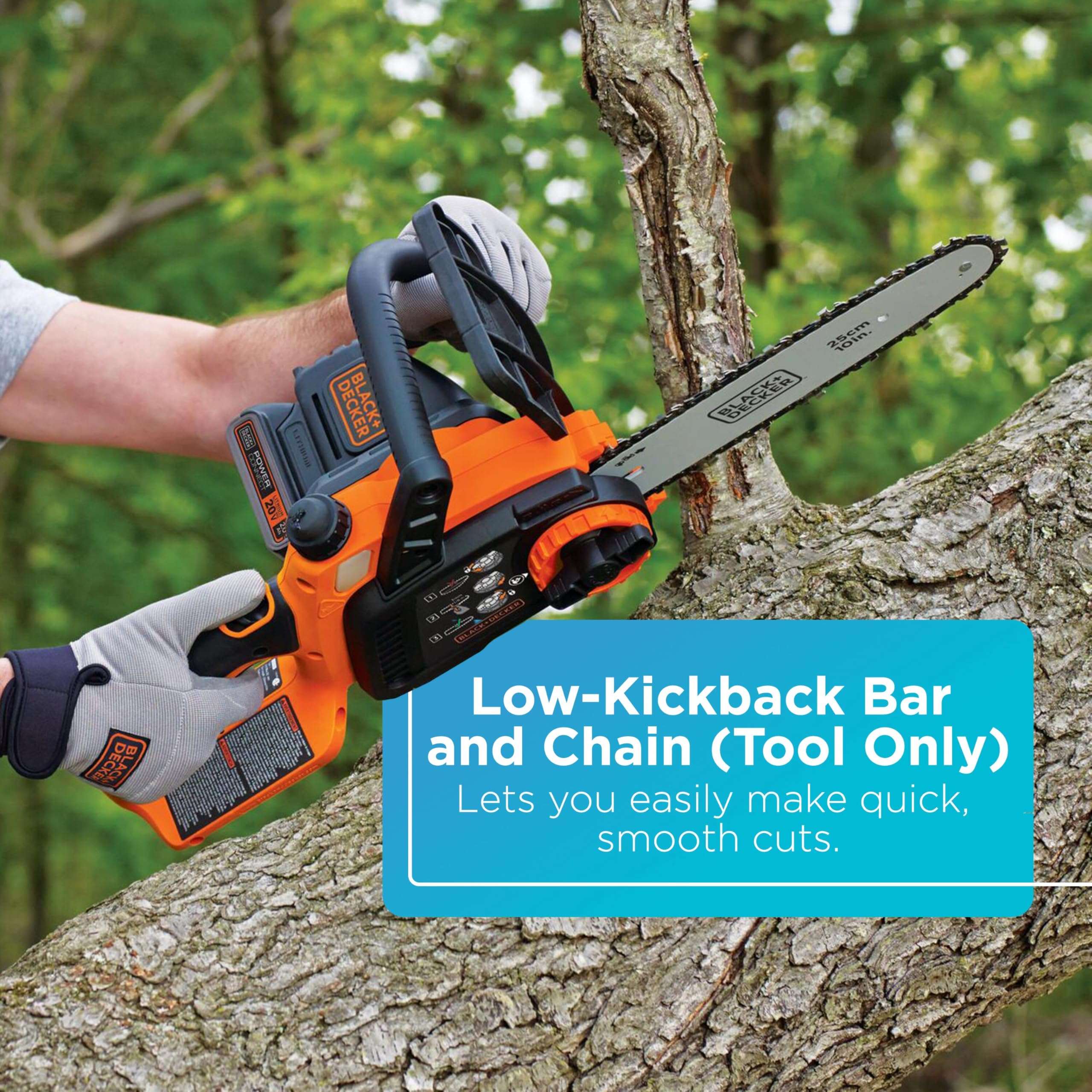 BLACK+DECKER LCS1020B 8-inch cut capacity supports pruning and light wood cuts.