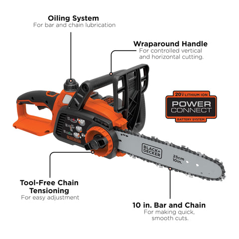 BLACK+DECKER LCS1020B tool-free chain tensioning enables quick adjustments.