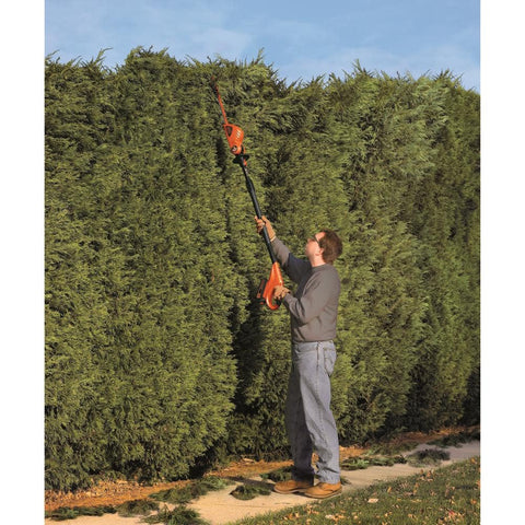BLACK+DECKER LPHT120 180-degree pivot head for flexible cutting angles.