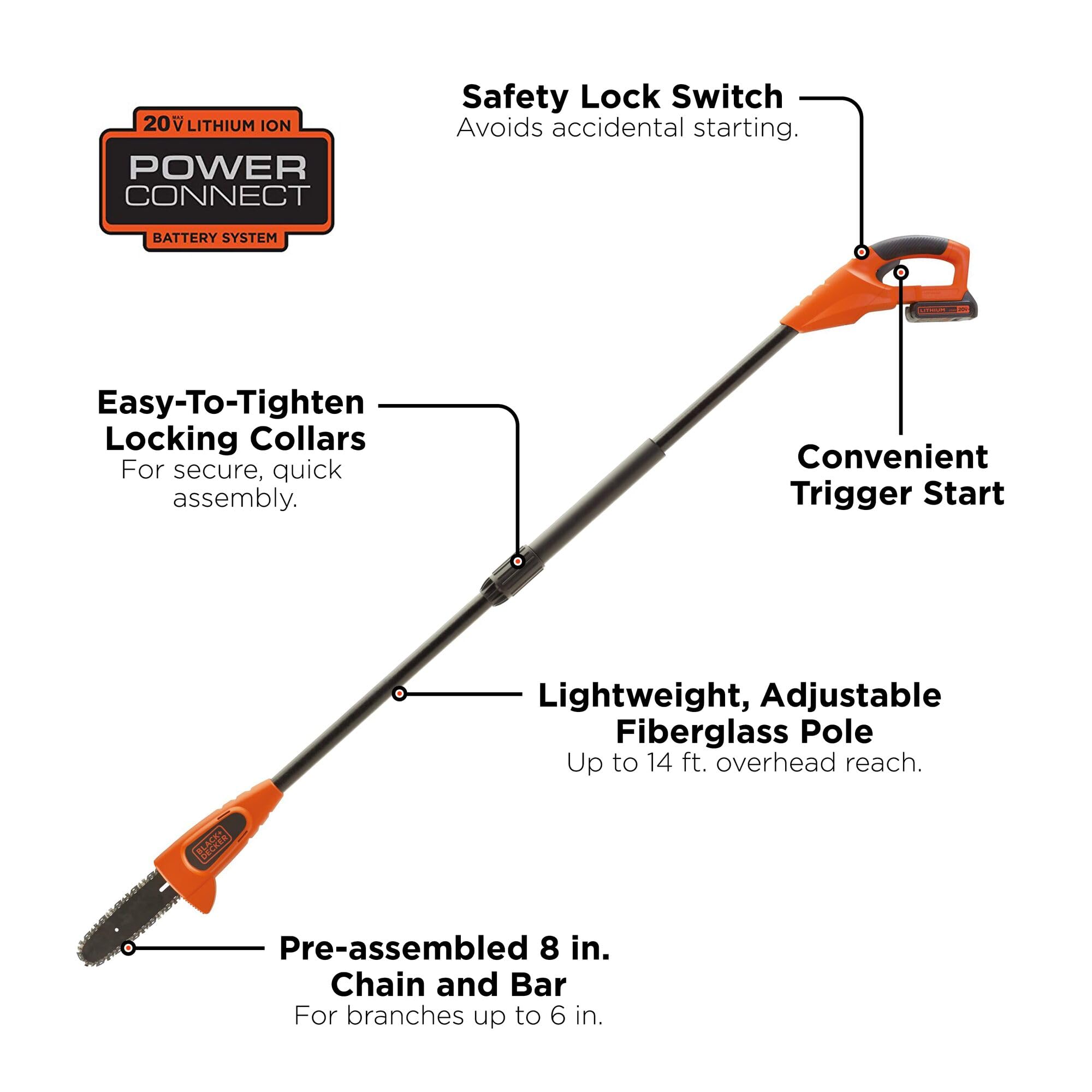 Inline head design of BLACK+DECKER LPP120B improves maneuverability between branches.