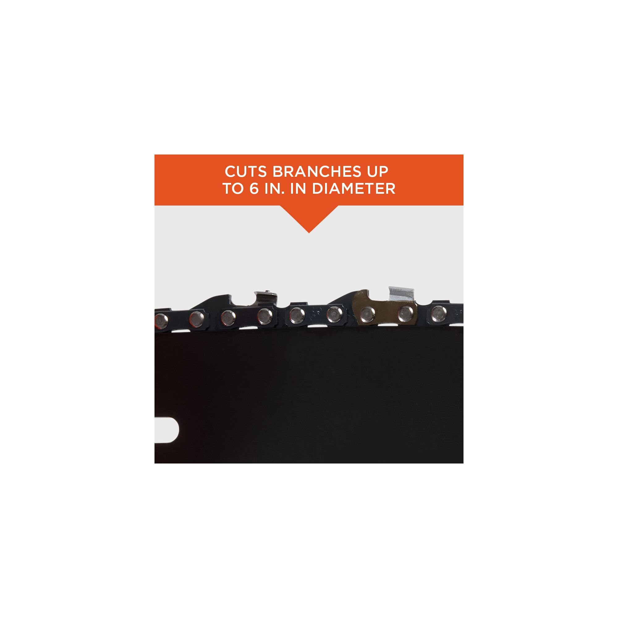 Eight-inch cutting bar handles branches up to six inches in diameter.