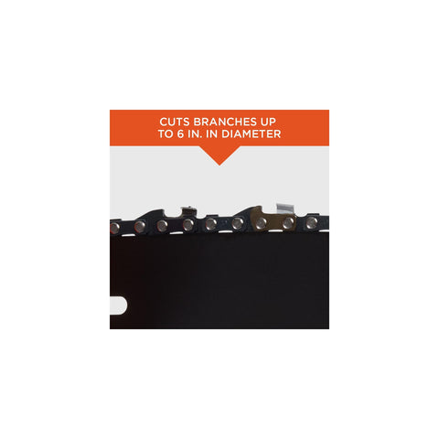 Eight-inch cutting bar handles branches up to six inches in diameter.