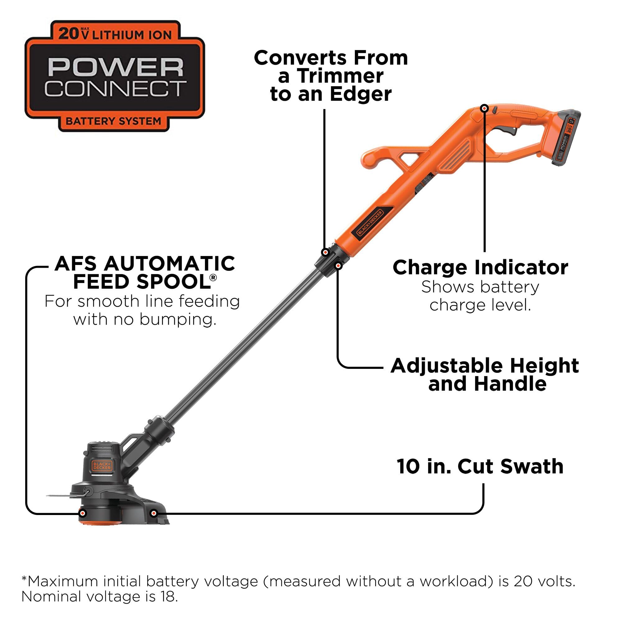 BLACK+DECKER LST201 2-in-1 design enables seamless trimming and edging transitions.