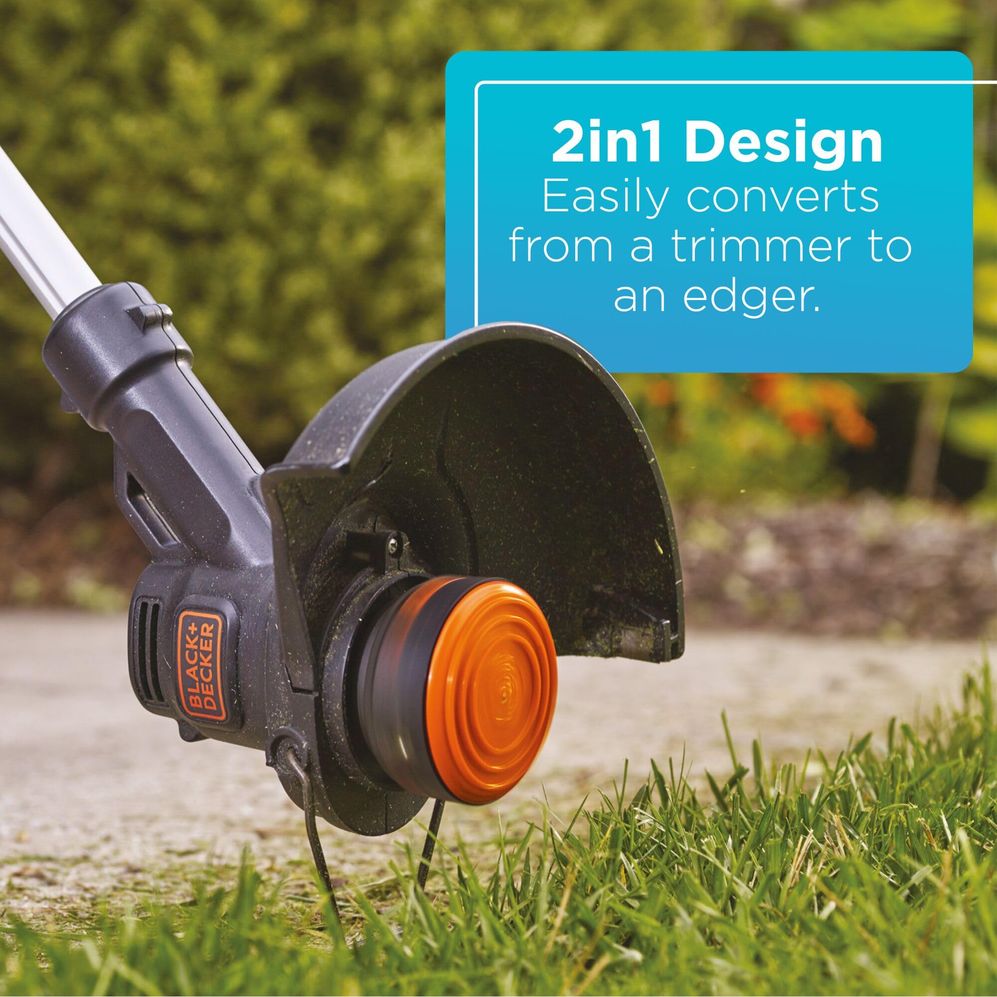 BLACK+DECKER LST201 automatic feed spool demonstrates continuous line feeding for faster work.