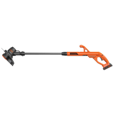 BLACK+DECKER LST201 compact edger mode image shows precise sidewalk edging results.