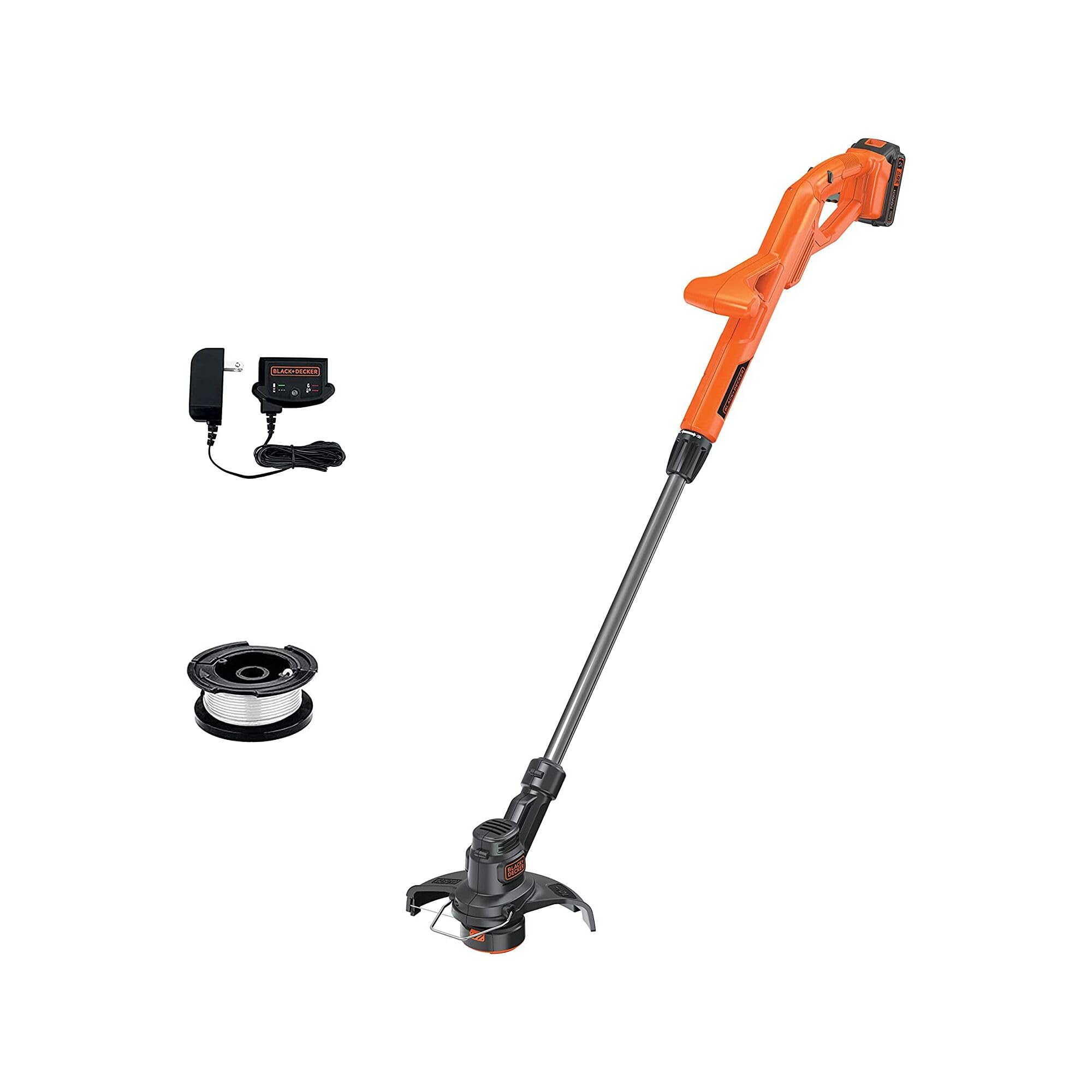BLACK+DECKER LST201 weed wacker front view shows compact cordless design for easy maneuvering.