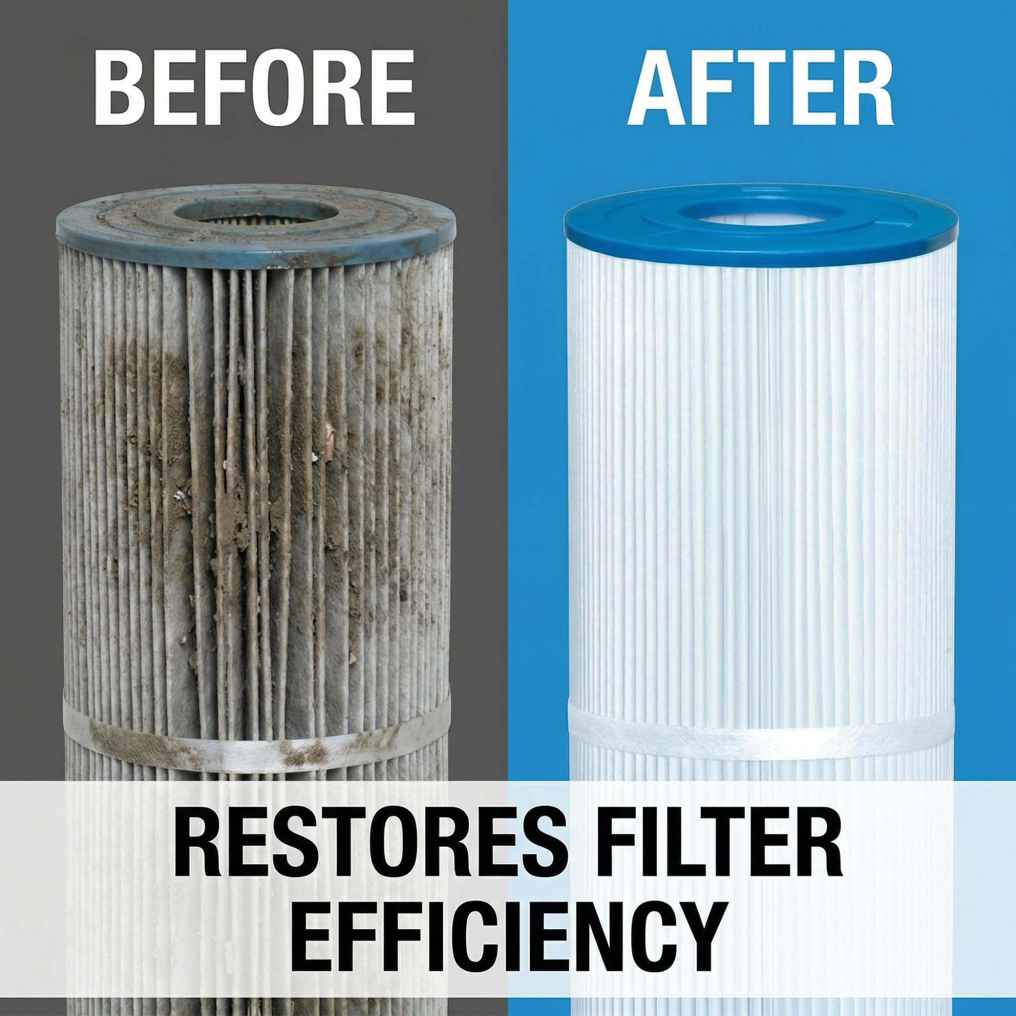 Black Diamond Stoneworks Ultimate Spa Filter Cleaner on a dirty cartridge illustrating buildup removal.