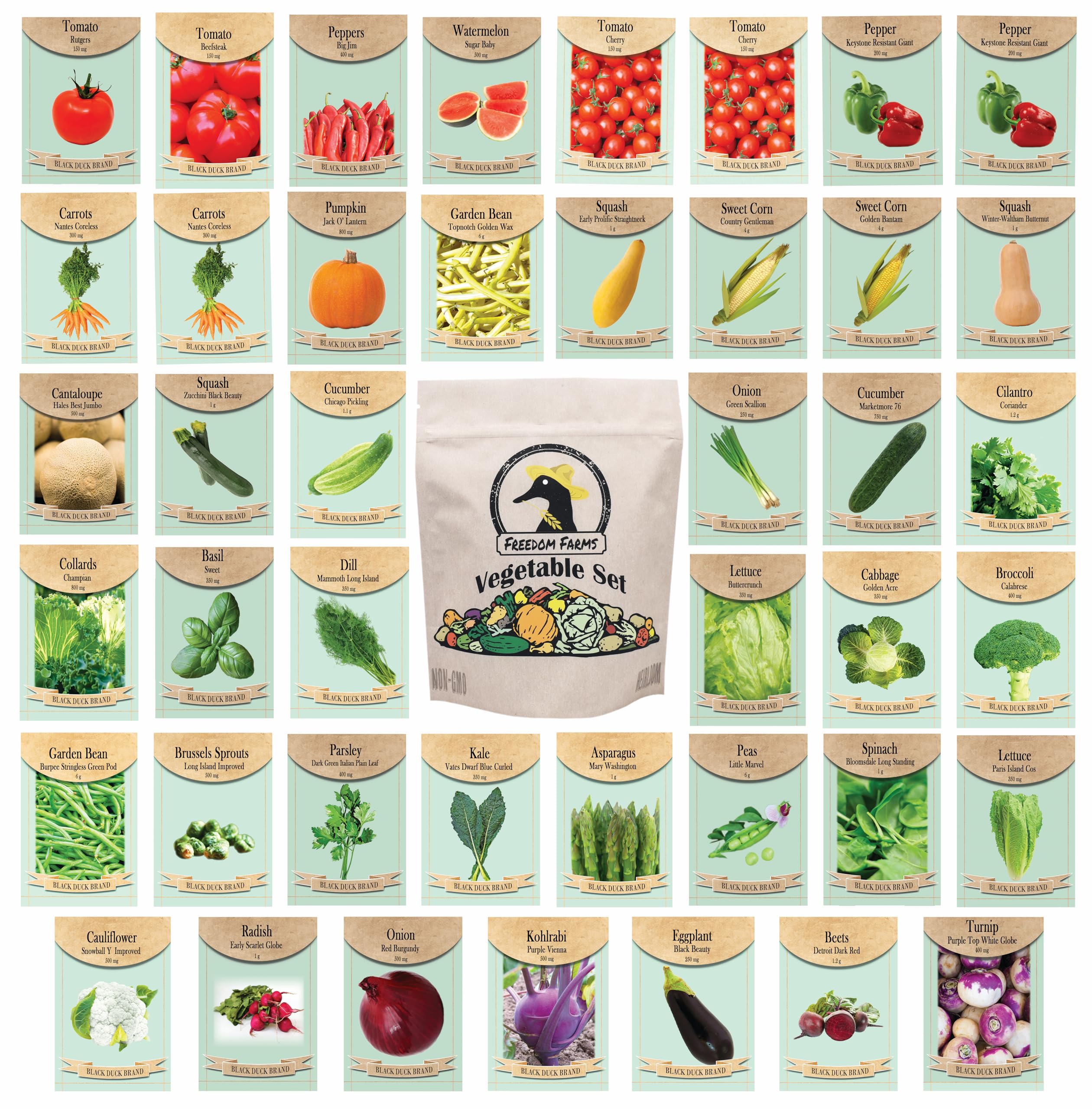 Black Duck Brand seed set with 43 packets for a diverse garden plan