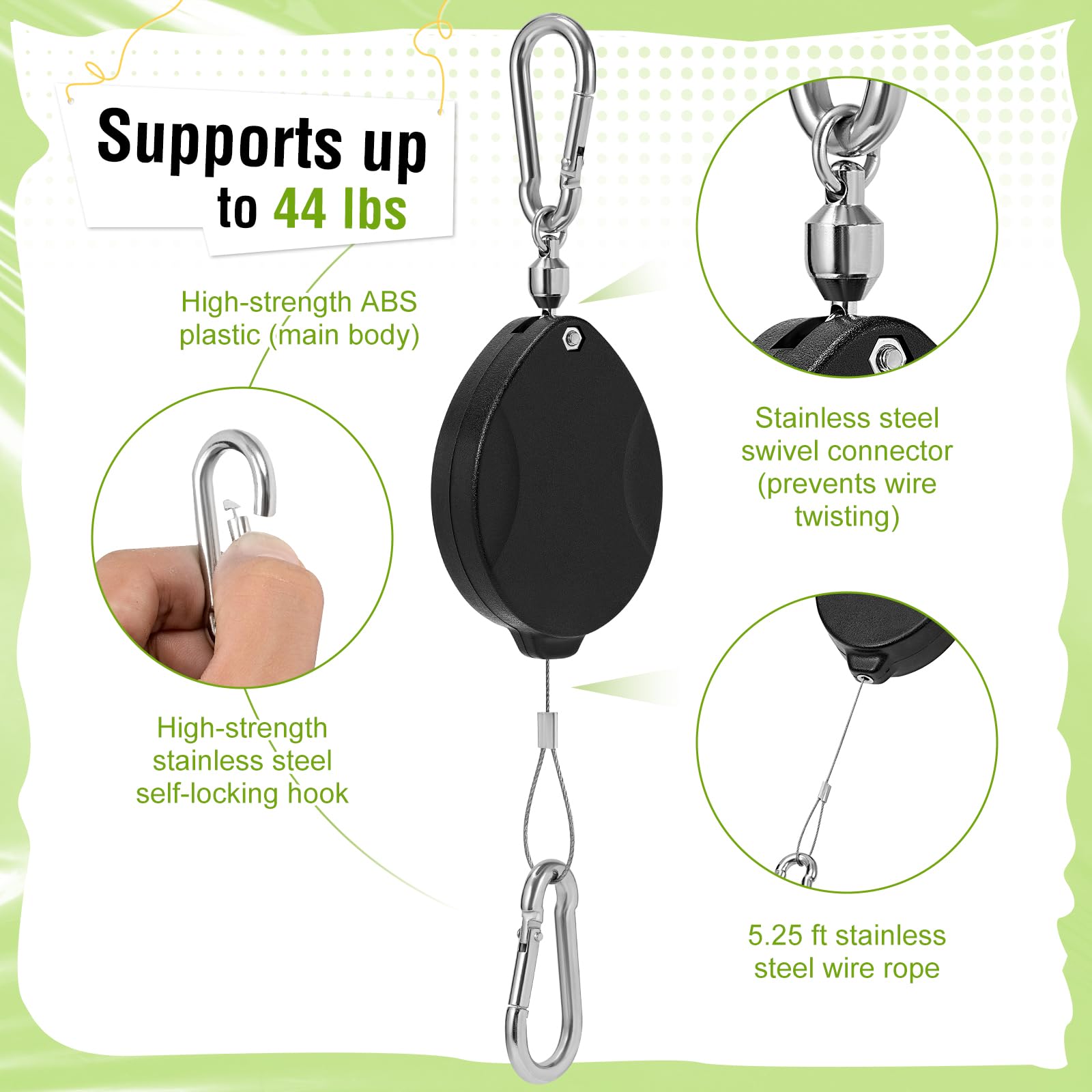 63-inch stainless steel wire rope extends reach for versatile garden hanging