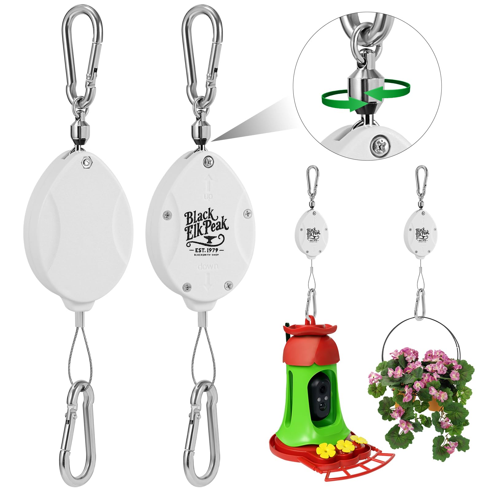 Black Elk Peak plant pulley assembly with sturdy self-locking hooks for outdoor use.