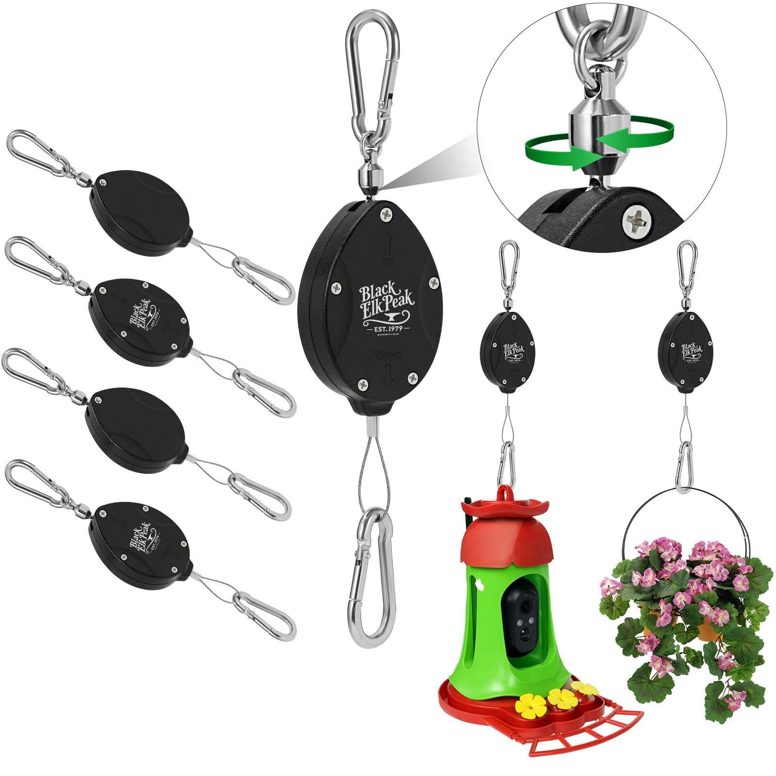 Black Elk Peak plant pulley with retractable hanger for outdoor gardens and easy height adjustment