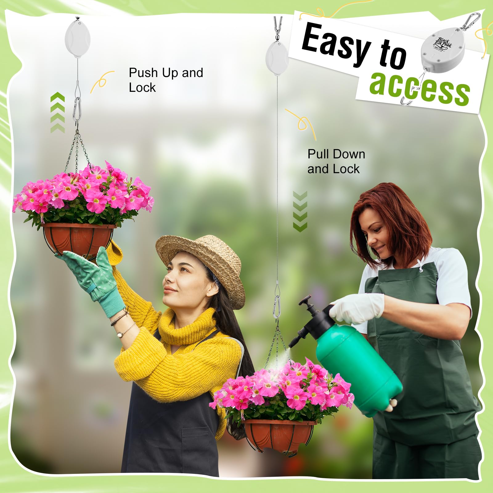 Black Elk Peak retractable hanger extended to 63 inches for easy watering.