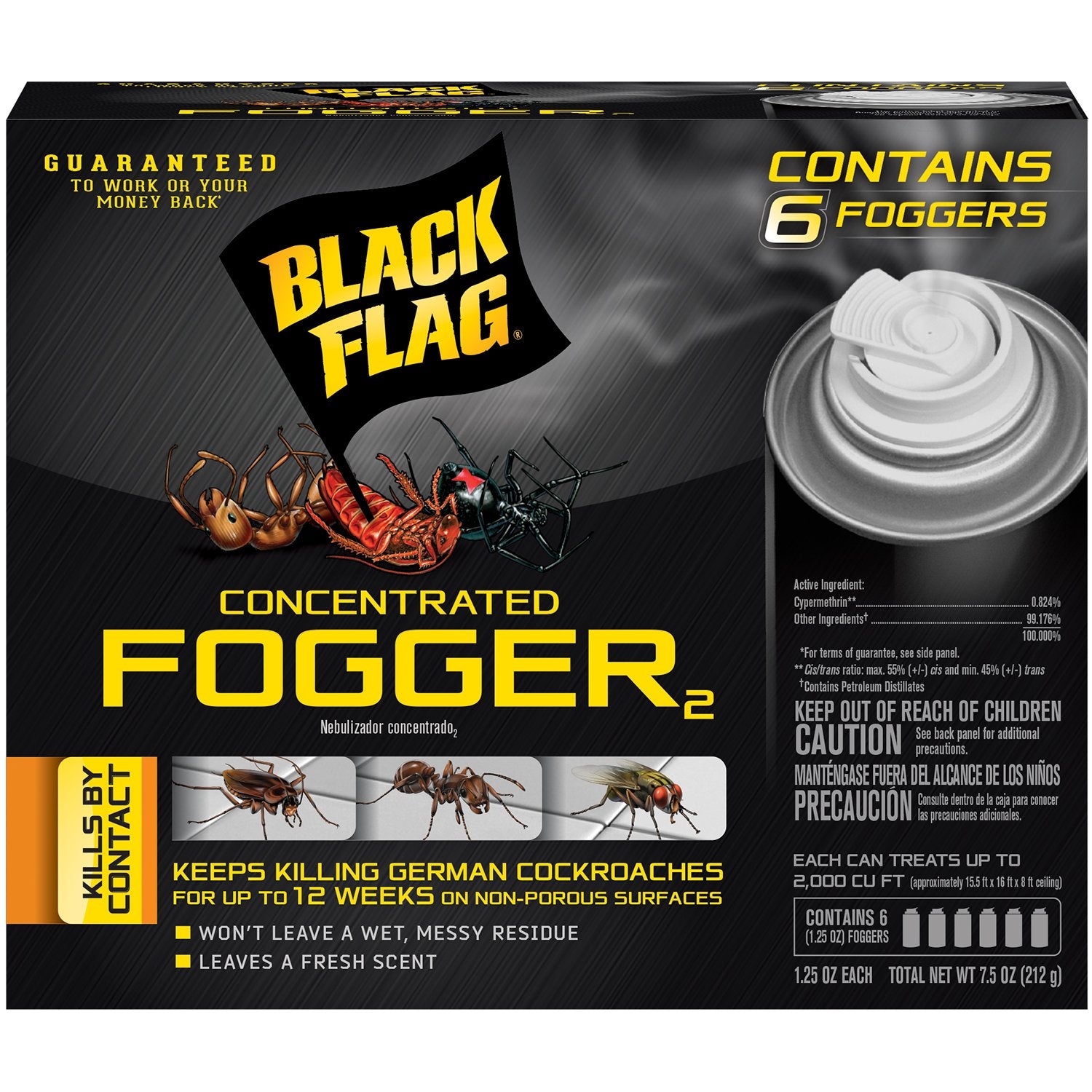 Black Flag Concentrated Fogger canister releasing mist for fast indoor pest control