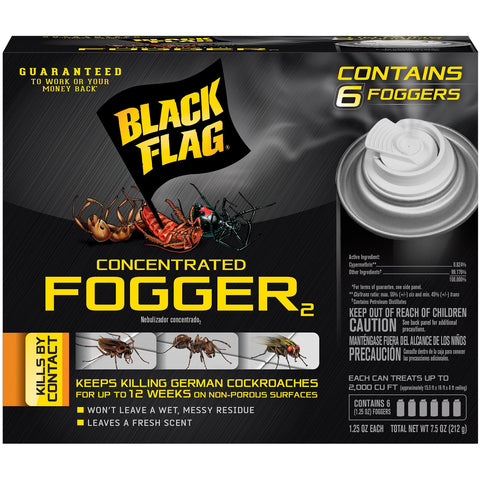 Black Flag Concentrated Fogger canister releasing mist for fast indoor pest control