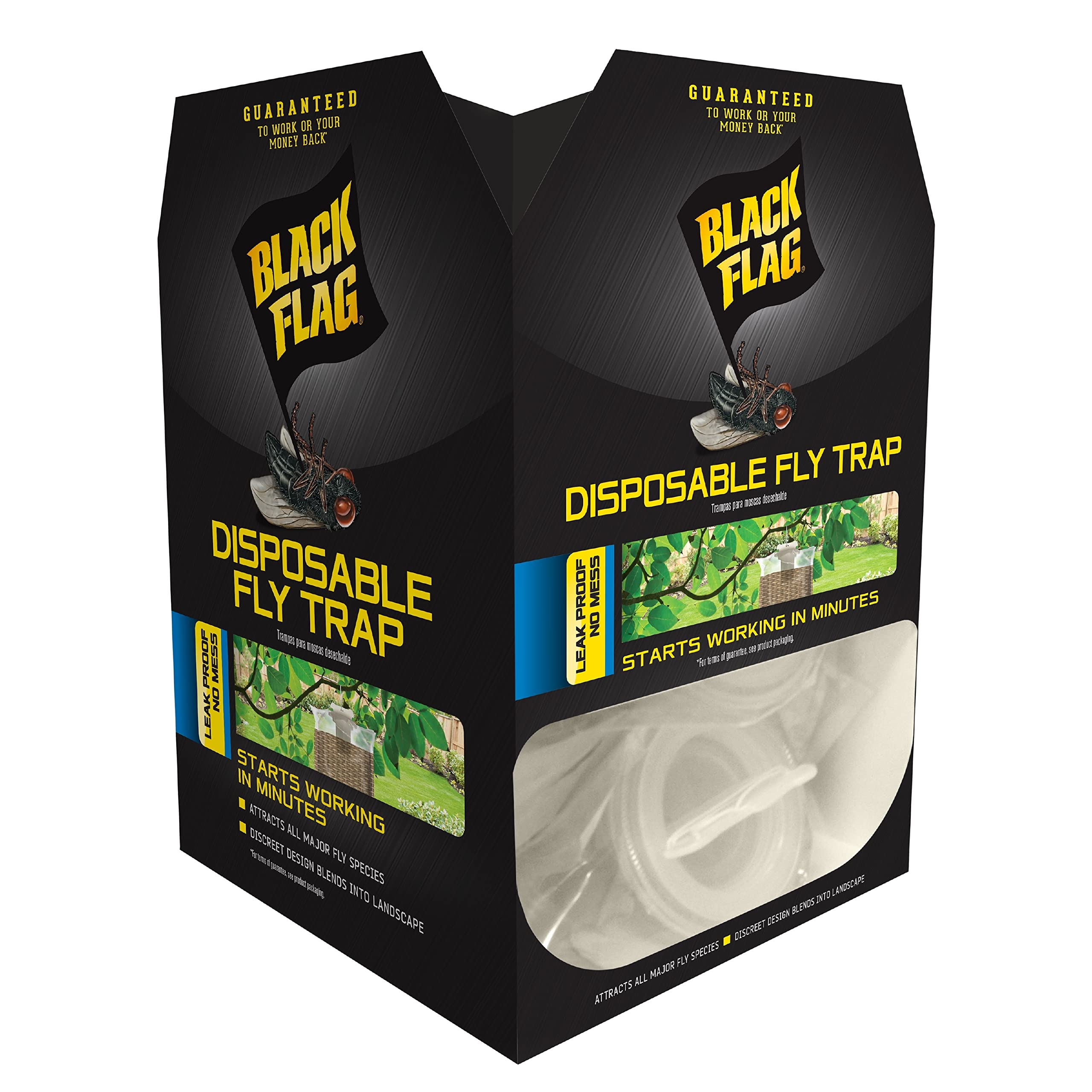 Black Flag Disposable Fly Trap outdoors with lure attracting major fly species.