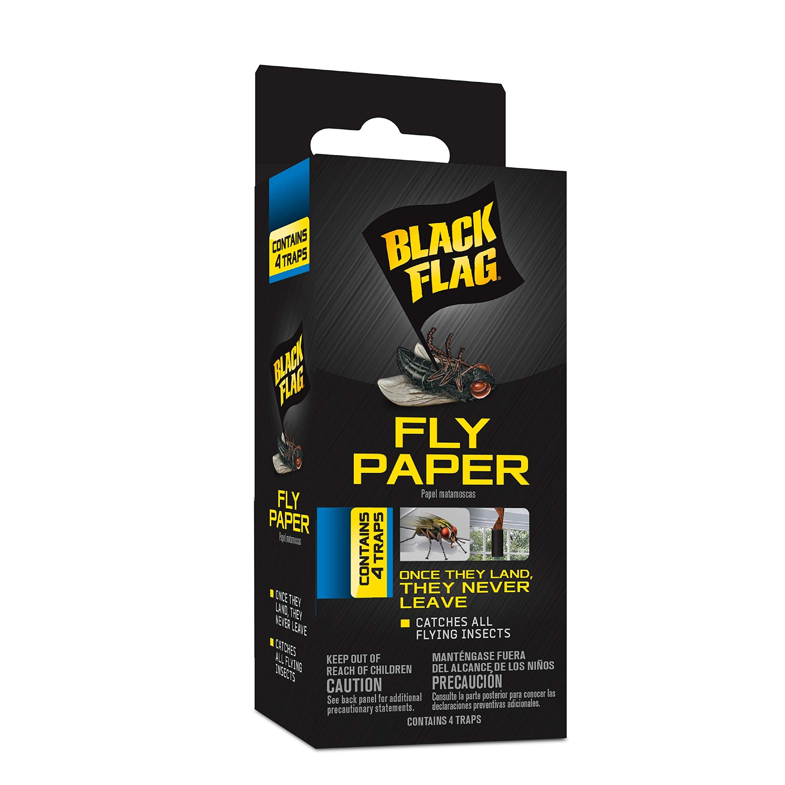Black Flag Fly Paper traps indoors and outdoors, capturing flying insects.