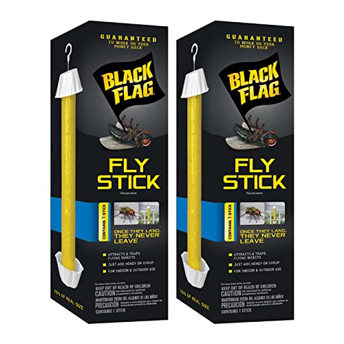 Black Flag Fly Stick hanging setup shown in a porch corner for pest control.