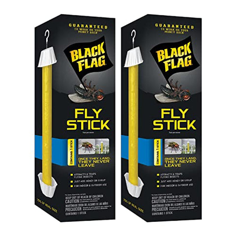 Black Flag Fly Stick hanging setup shown in a porch corner for pest control.