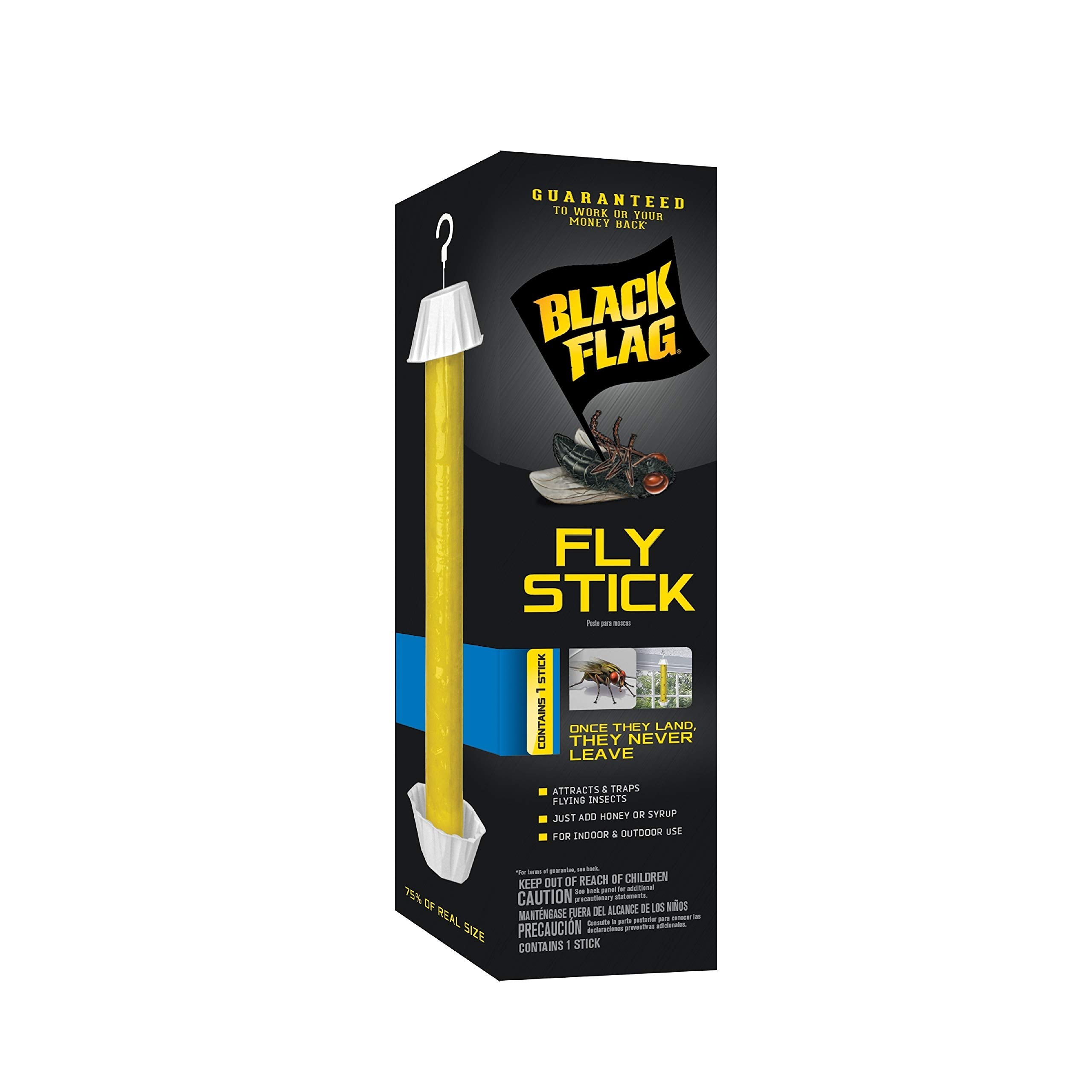 Black Flag Fly Stick on porch traps flying insects for outdoor areas.