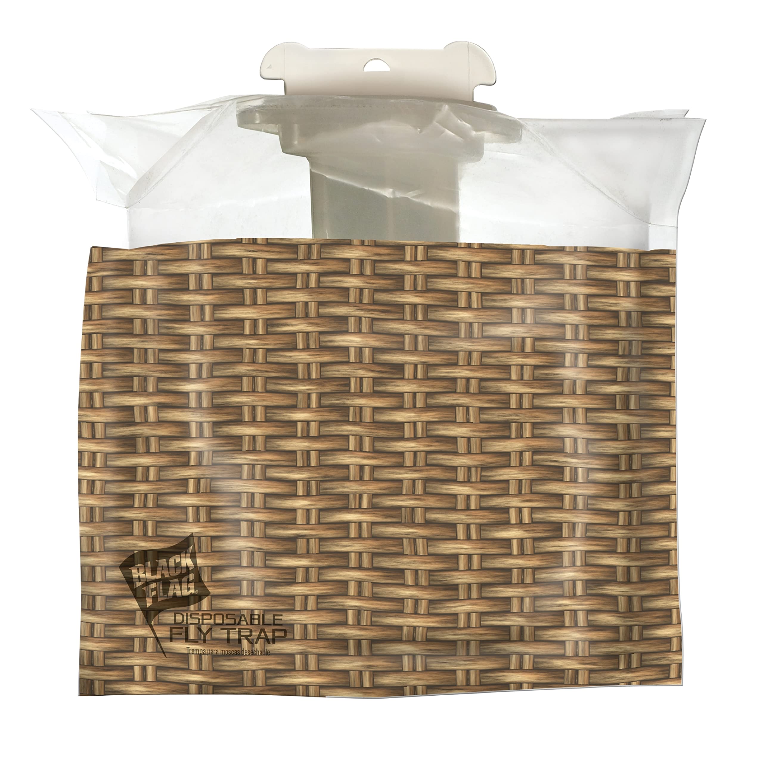 Black Flag fly trap discreet rattan-look blends with landscape for minimal visibility.