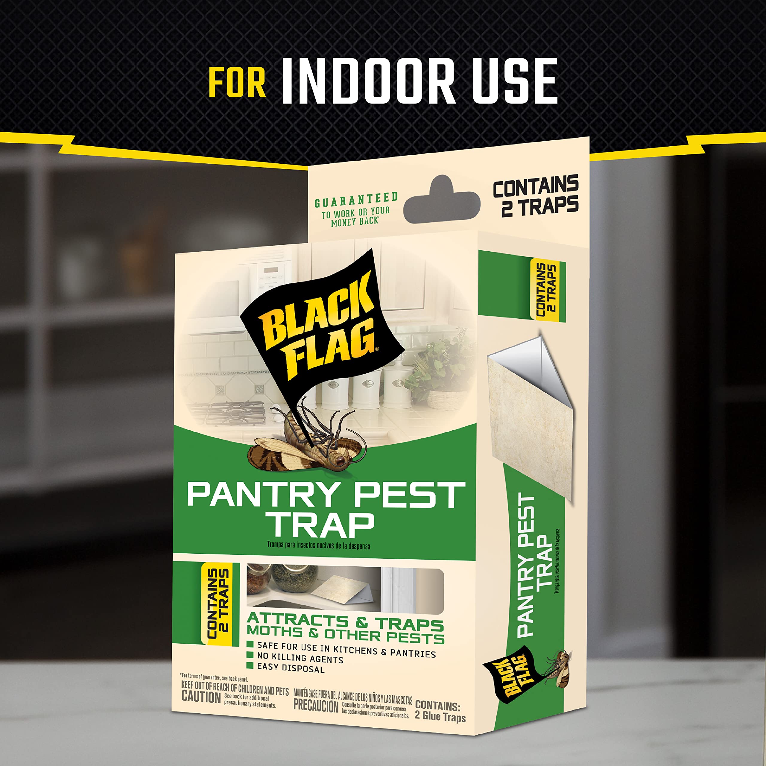 Black Flag pantry pest trap in a kitchen cabinet protecting dry foods.
