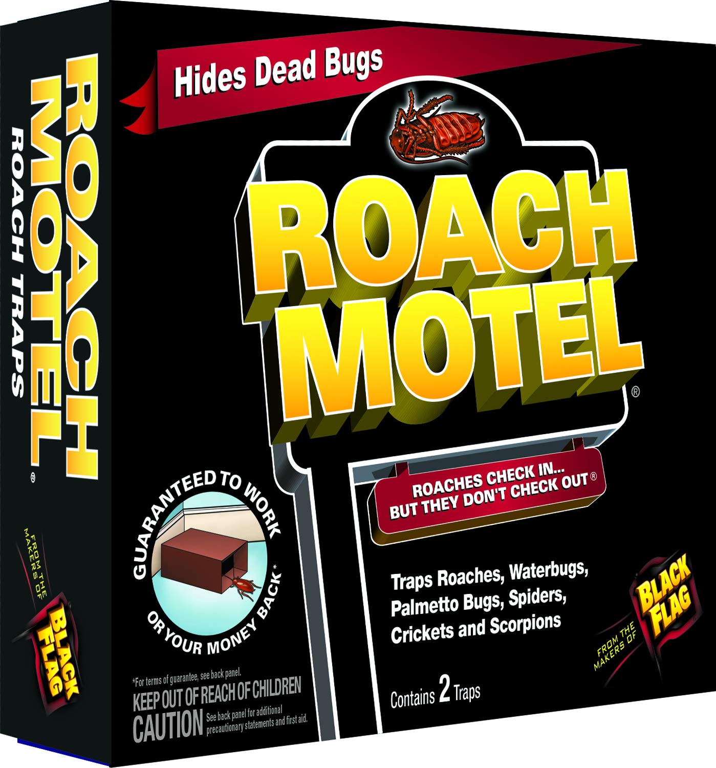 Black Flag Roach Motel Traps package-overview highlights pesticide-free setup and mess-free disposal