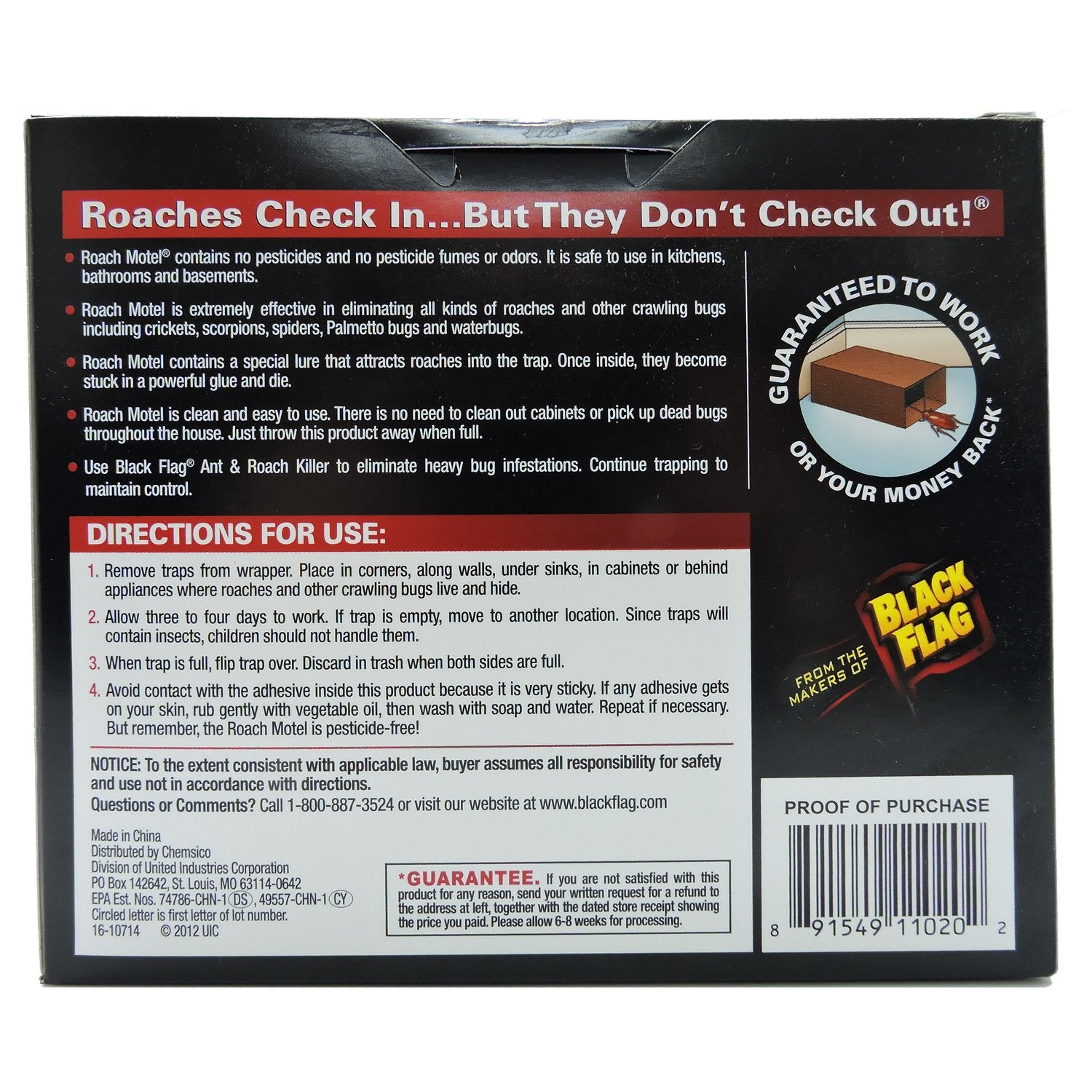 Black Flag Roach Motel in kitchen setting, odor-free placement.